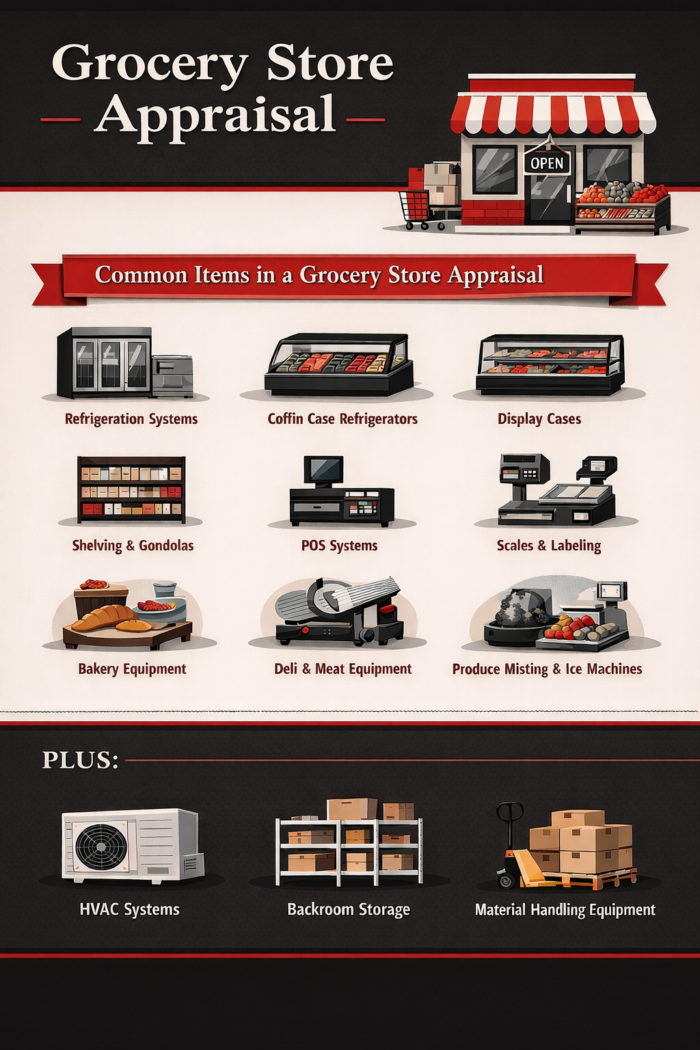 SBA Grocery Guarantee equipment appraisal showing grocery store assets like refrigeration, shelving, POS systems, and food prep equipment